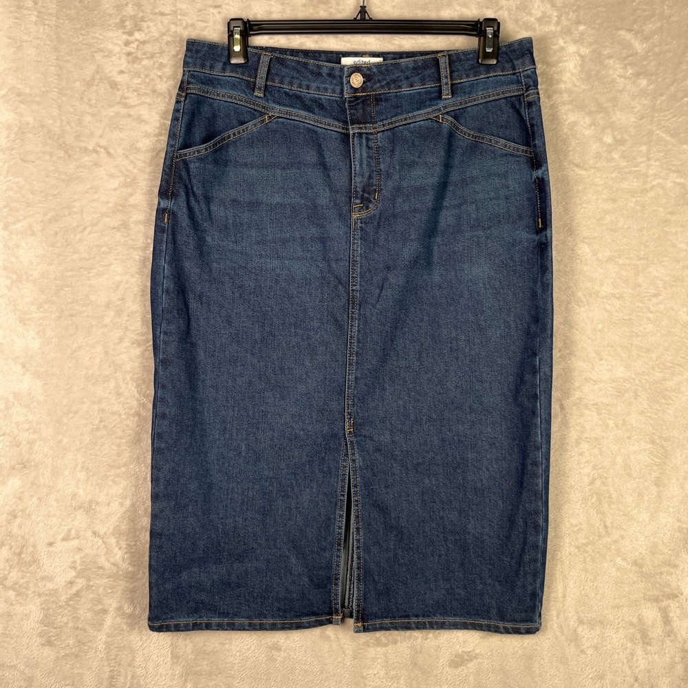 Edited x Hunter McGrady Blue Denim Midi Skirt Front Slit 12 High Rise Pencil
